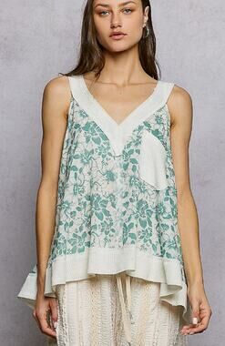 POL Floral V-Neck Flowy Top with Front Pocket - Sage